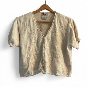 Vintage Size 8 90s Cottagecore Floral V-neck Ramie Cotton Cream Embroidered Top